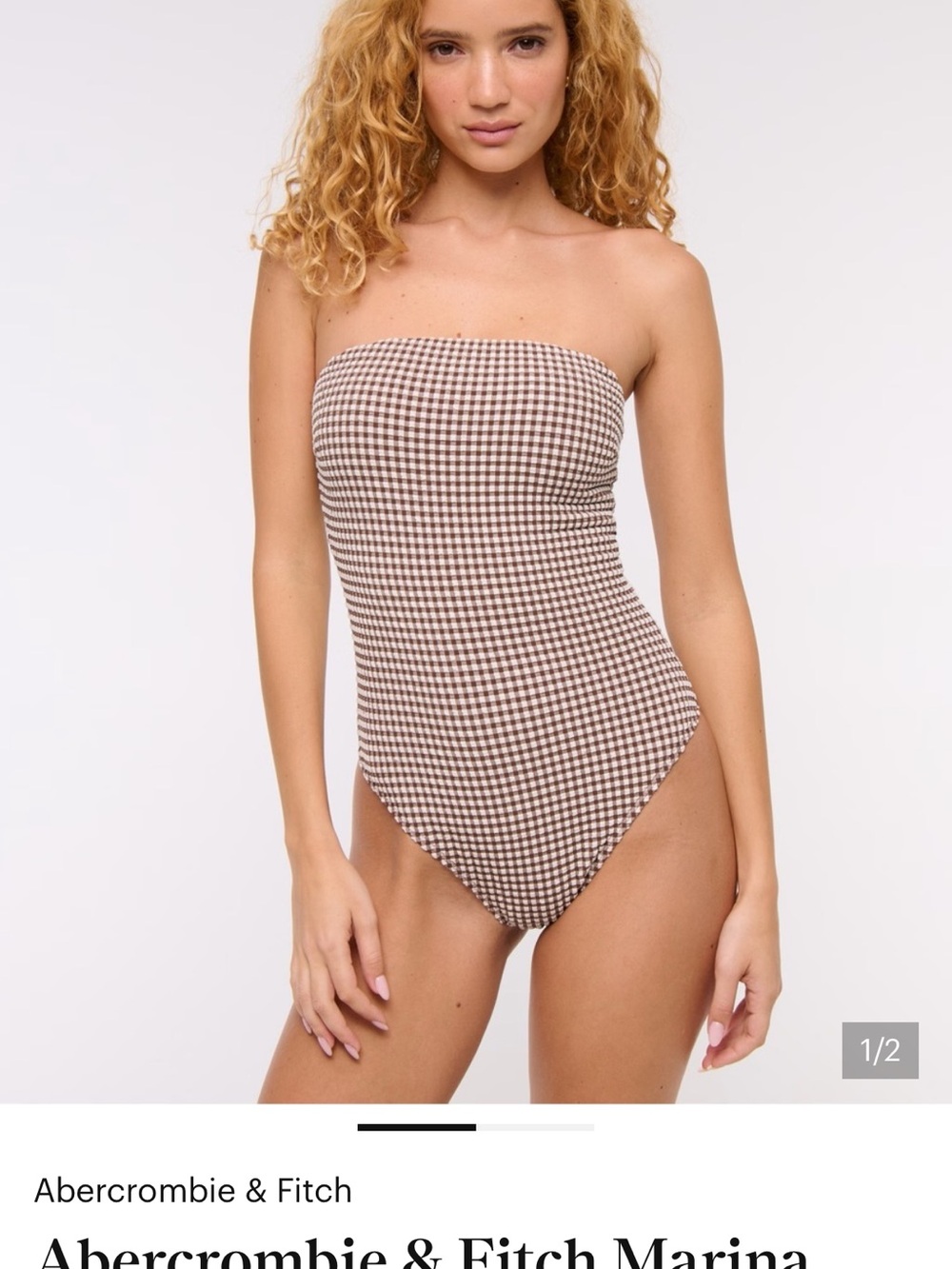 Abercrombie & Fitch Strapless Gingham One-Piece Swimsuit - Brown & White